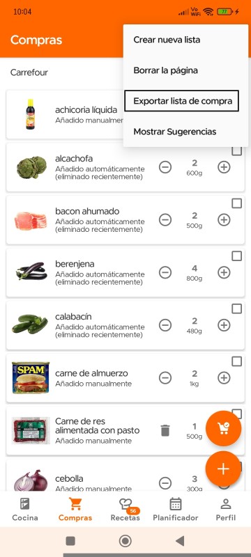 Export Shopping List option in overflow menu